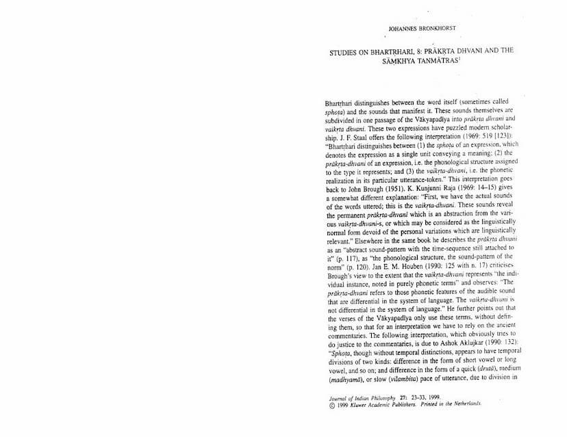 First page of Studies On Bhartahari And Prakrta Dhvani And Samkhya Tanmatras