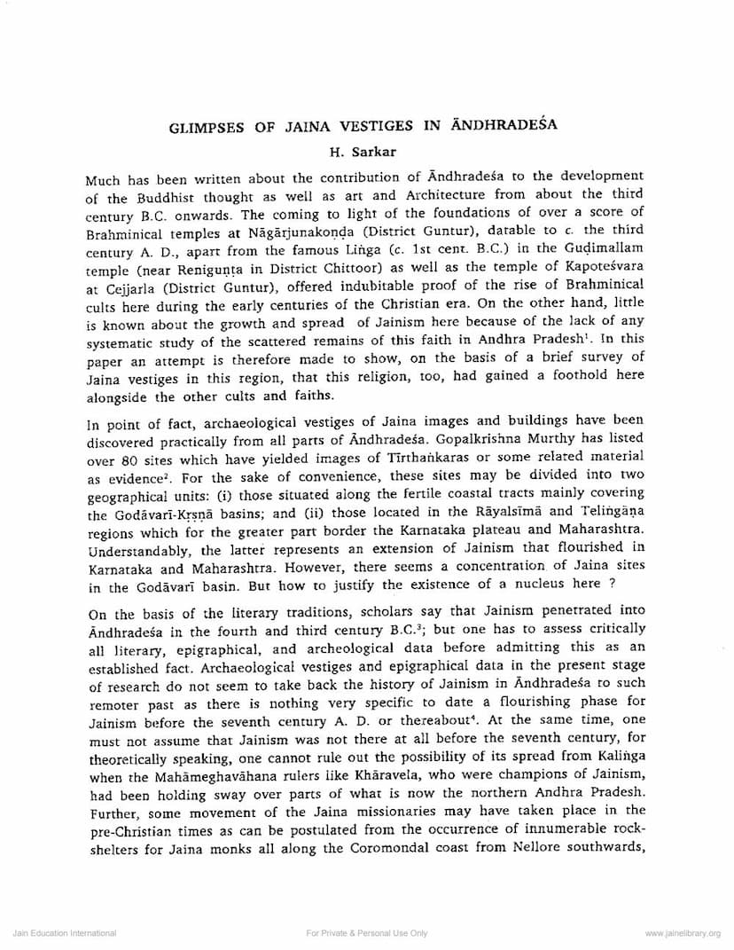 First page of Glimpses Of Jaina Vestiges In Andhradesa