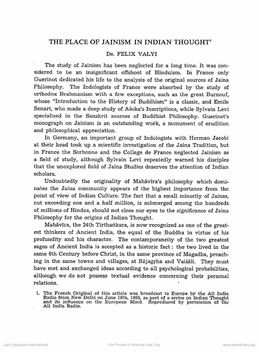 First page of Place Of Jainism In Indian Thought