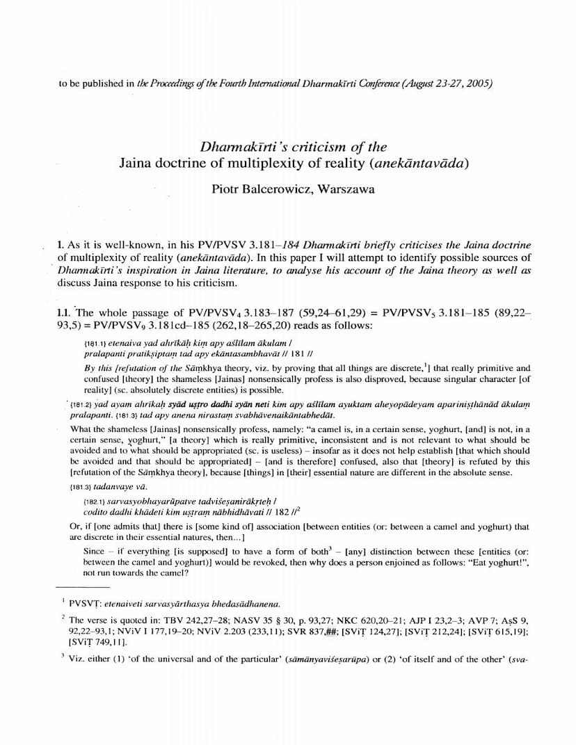 First page of Dharmakirtis Criticism Of Jaina Doctrine Of Multiplexity Of Reality Anekantavada