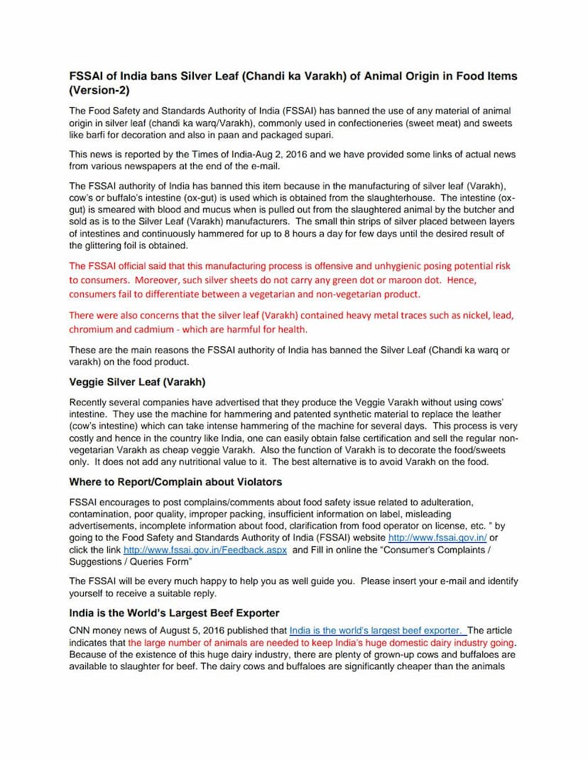 First page of India Bans Silver Leaf Varakh On Food