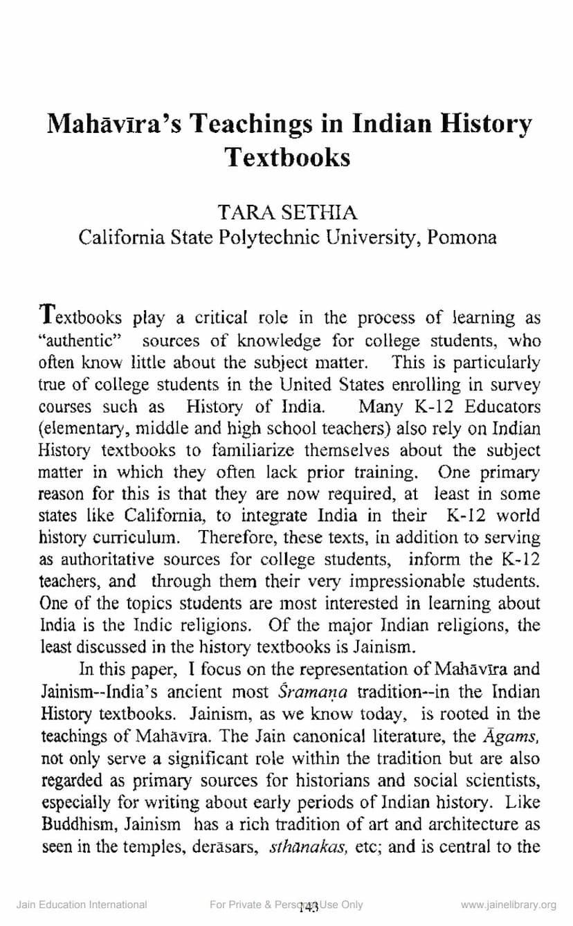 First page of Mahaviras Teachings In Indian History Textbooks