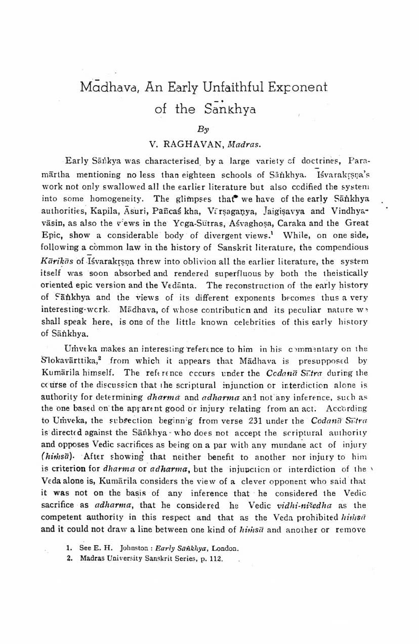First page of Madhava An Early Unfaithful Exponent Of The Sankhya