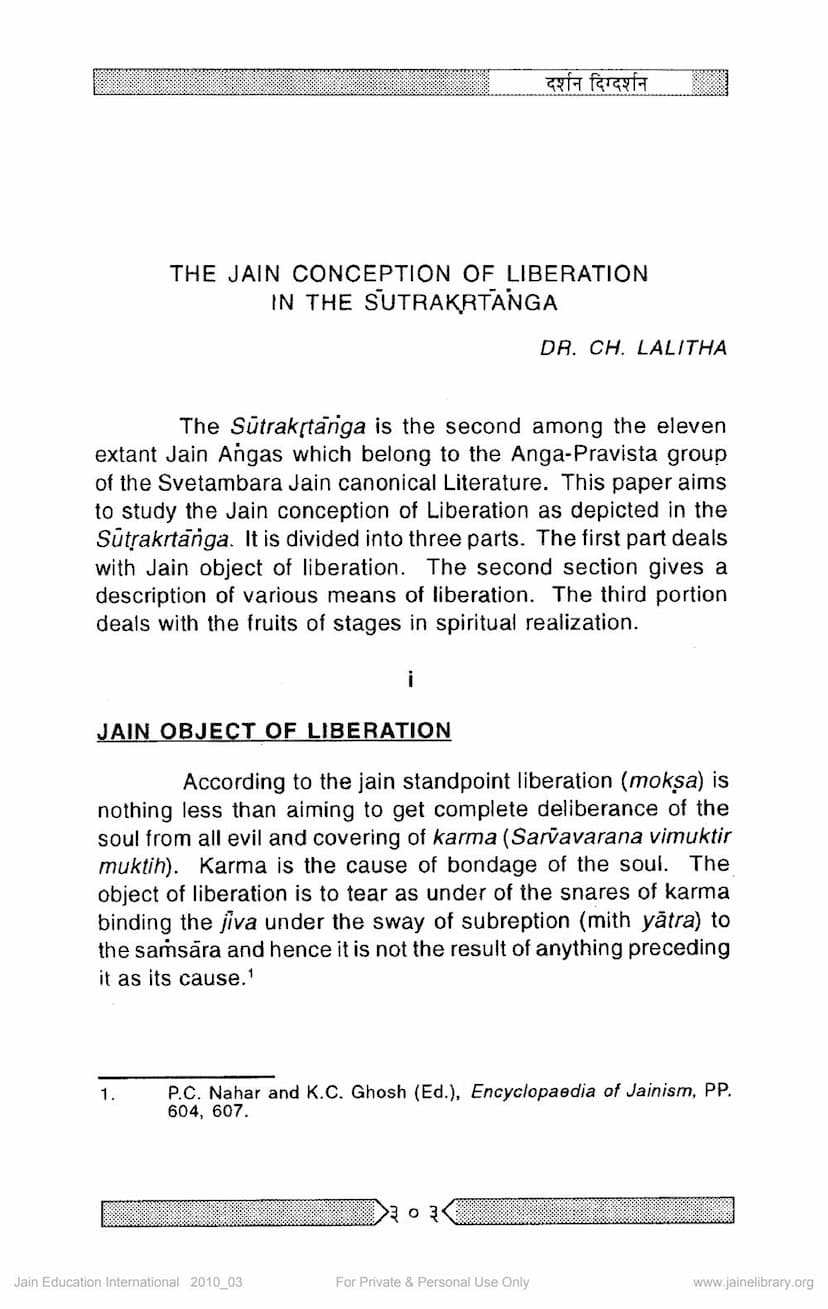 First page of Jain Conception Of Liberation In The Sutrakritanga