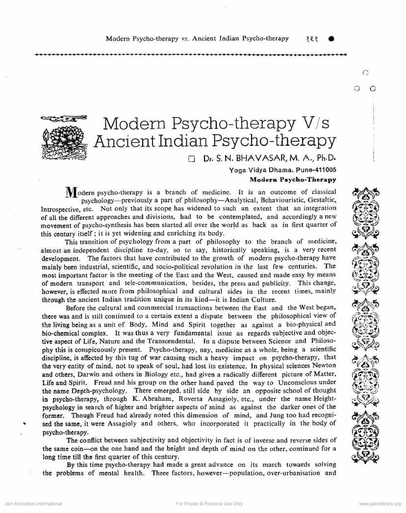 First page of Modern Psychotherapy Vs Ancient Indian Psychotherapy
