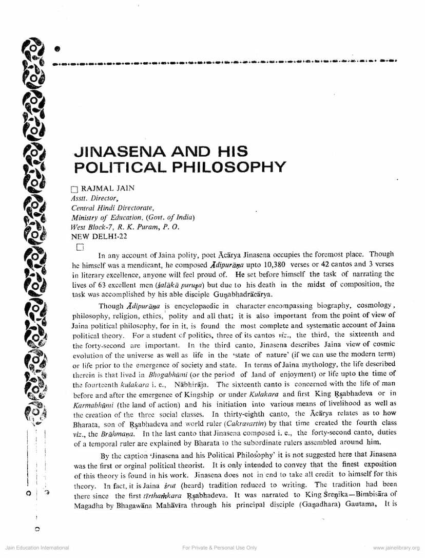 First page of Jinasena And His Political Philosophy