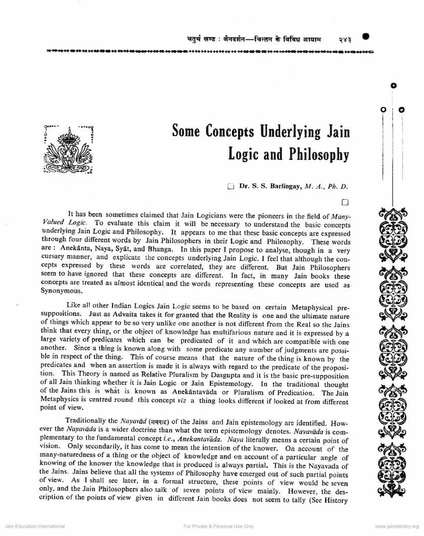 First page of Some Concepts Underlying Jain Logic And Philosophy