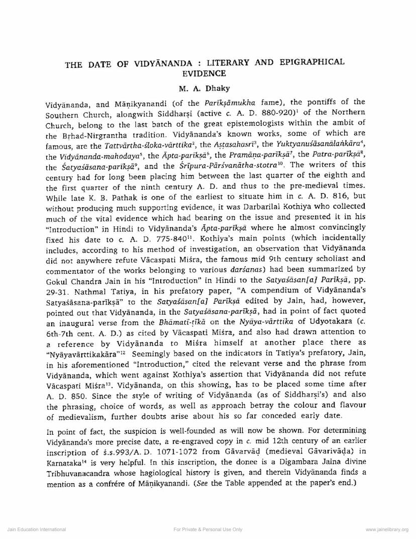 First page of Date Of Vidyananda Literary And Epigraphical Evidence