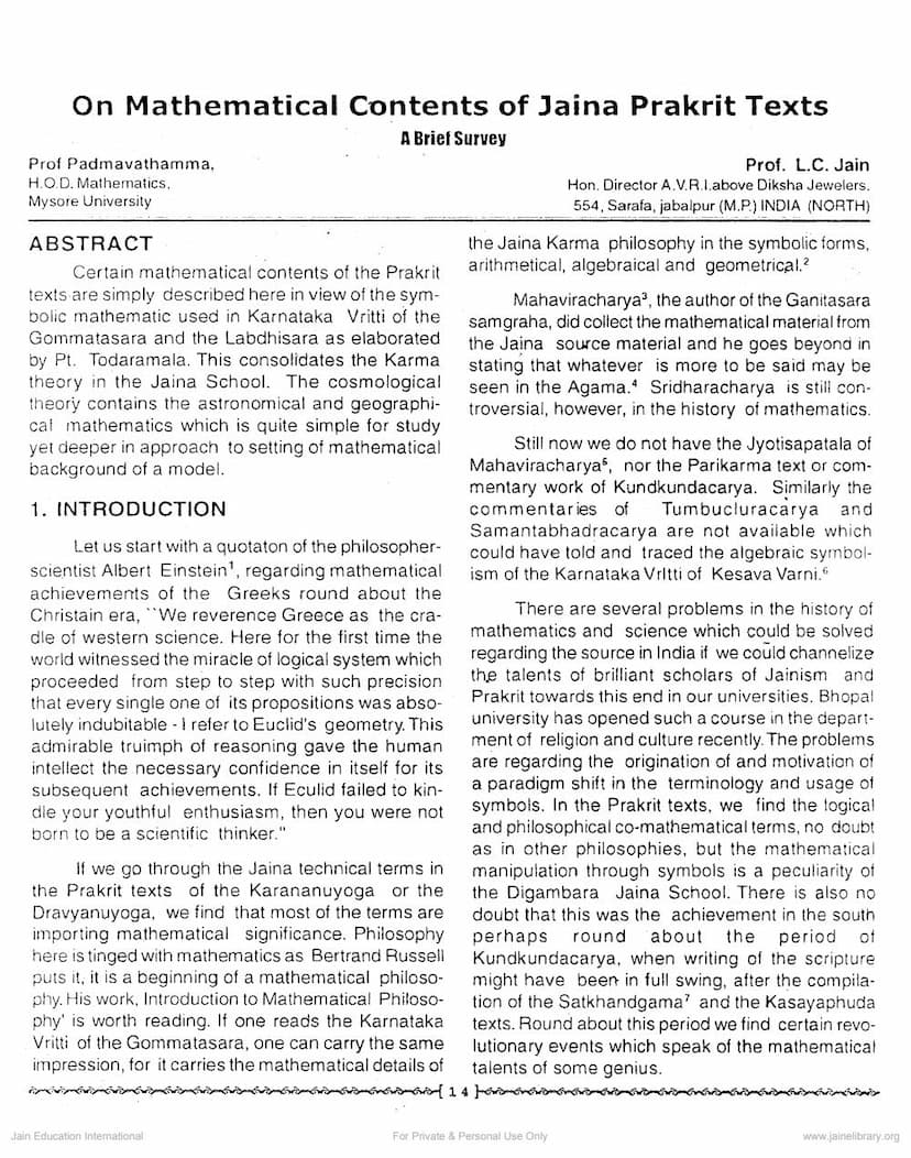 First page of On Mathematical Contents Of Jaina Prakrit Texts