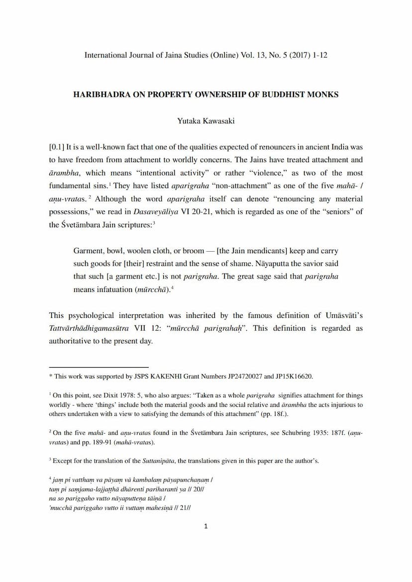 First page of Haribhadra On Property Ownership Of Buddhist Monk