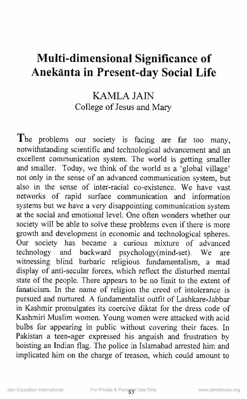 First page of Multi Dimensional Significance Of Anekanta In Present Day Social Life