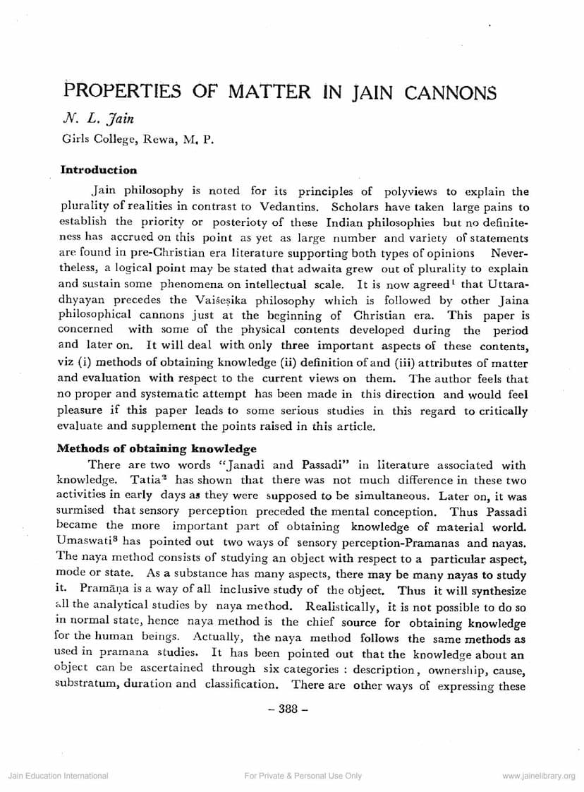 First page of Property Of Matter In Jain Canons