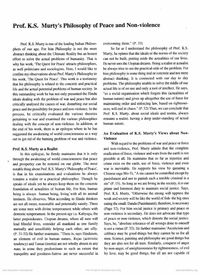 First page of K S Murthyas Philosophy Of Peace And Non Violence